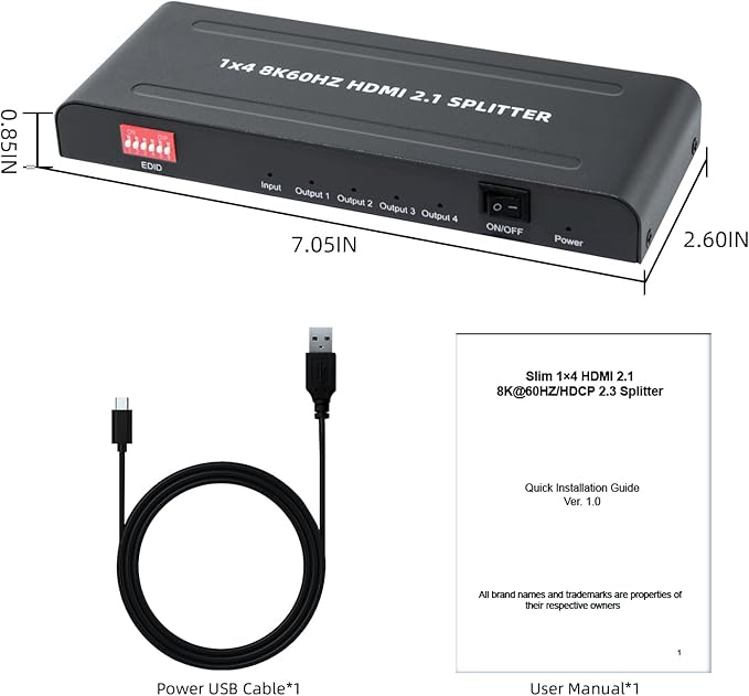 8K HDMI Splitter 1 in 4 Out,with EDID, 3D Stereo, 12-bit Deep Color, 48Gbps, Plug & Play, HDMI Splitter for Windows, Mac, Linux, Projectors, Laptops, Desktops (SP104SKE)