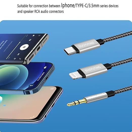3 in 1 Audio Cable, iOS Phone/3.5mm AUX/USB C to 2 RCA,Stereo Audio Adapter for iPhone/Type C Phone/AUX to Amplifier/Sound Box & Home Theater etc.16.5FT