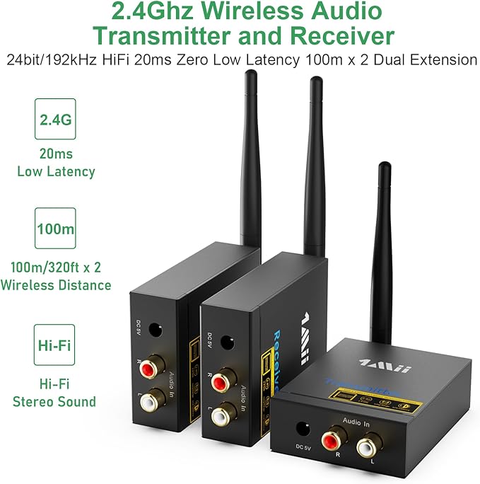 1Mii 3-in-1 2.4GHz Wireless Audio Transmitter and Receiver for TV, 20ms Ultra Low Delay RCA Out/in, 320 ft Range Wireless Adapter for Subwoofer to TV/PC/CD Player, 2 Receivers for Two Speakers