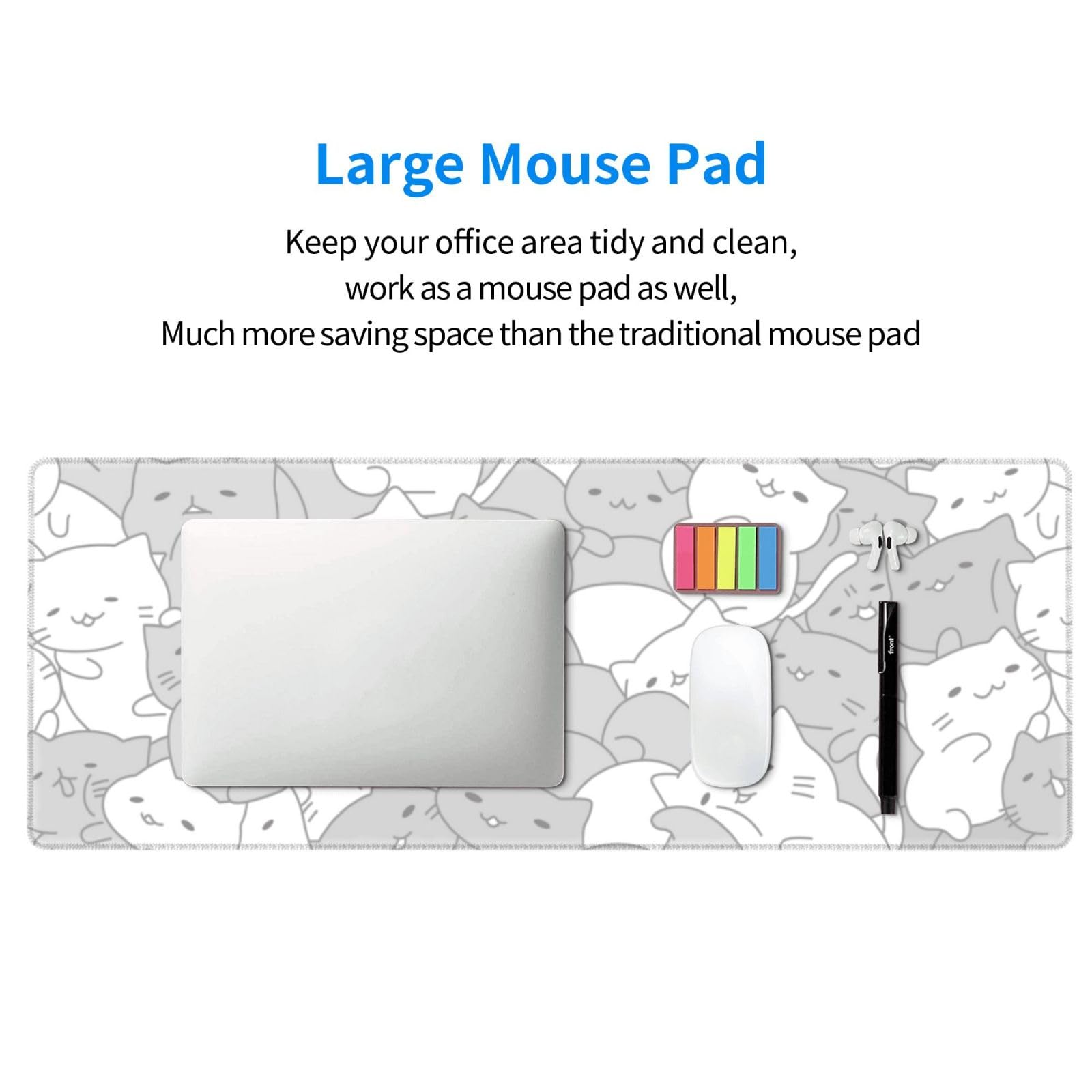 White Kawaii Cats E-Sport Mouse Pad Large Desk Mat Non-Slip Rubber Base Stitched Edge Keyboard Mouse Pad for Office Home E-Sport Computer Laptop, 31.5×11.8 Inches