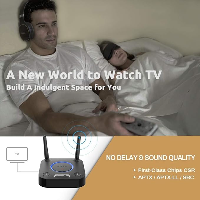 1Mii B06TX Bluetooth 5.2 Transmitter for TV to Wireless Headphone/Speaker, Bluetooth Adapter for TV w/Volume Control, AUX/RCA/Optical/Coaxial Audio Inputs, Plug n Play, aptX Low Latency & HD