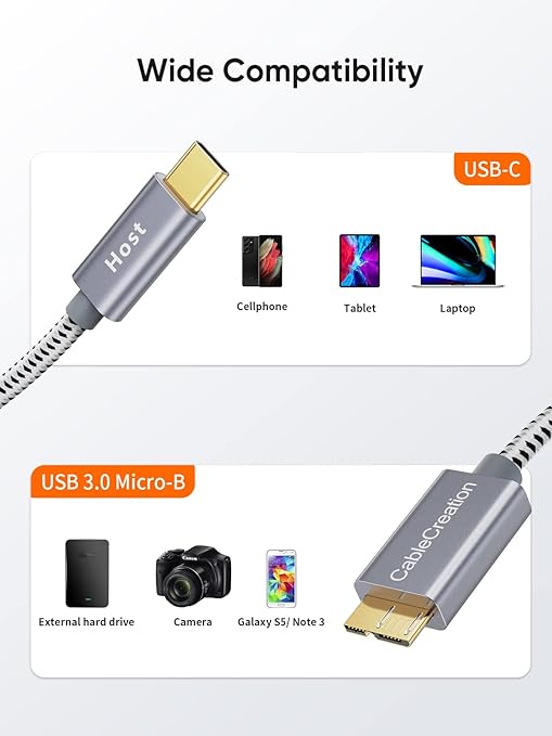 CableCreation 1FT USB C to Micro B Cable,10Gbps Speed External Hard Drive Braided,USB 3.1 Type C to Micro B Work for iPhone 15 Series,Seagate WD Westgate My Passport,MacBook Pro/Air, iPad/Tablet,Grey