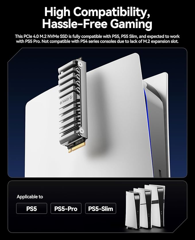 ORICO OS5 2TB M.2 SSD for PS5 Storage Expansion, M.2 PCIe 4.0 NVMe Gaming SSD with TLC NAND, 7450MB/s Read, Pre-Installed Heatsink Designed for PS5 Airflow, Ready for Direct Installation