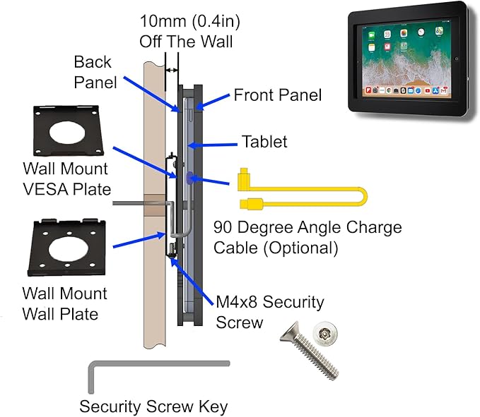 TABcare Anti-Theft Acrylic VESA Enclosure for Apple iPad Pro 11" 2024 (5th gen) with Free Wall Mount Kit & 90-Degree Angle USB C Cable (iPad Pro 11 2024, White)