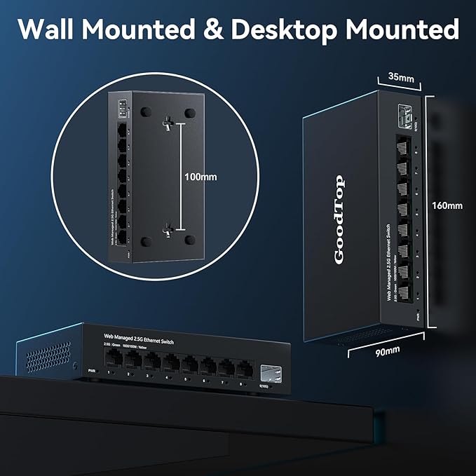 8 Port 2.5G Managed Ethernet Switch with 10G SFP, 8 x 2.5G Base-T Ports, Support LACP/VLAN/QOS/DHCP Client, Metal Web Managed Fanless Network Switch