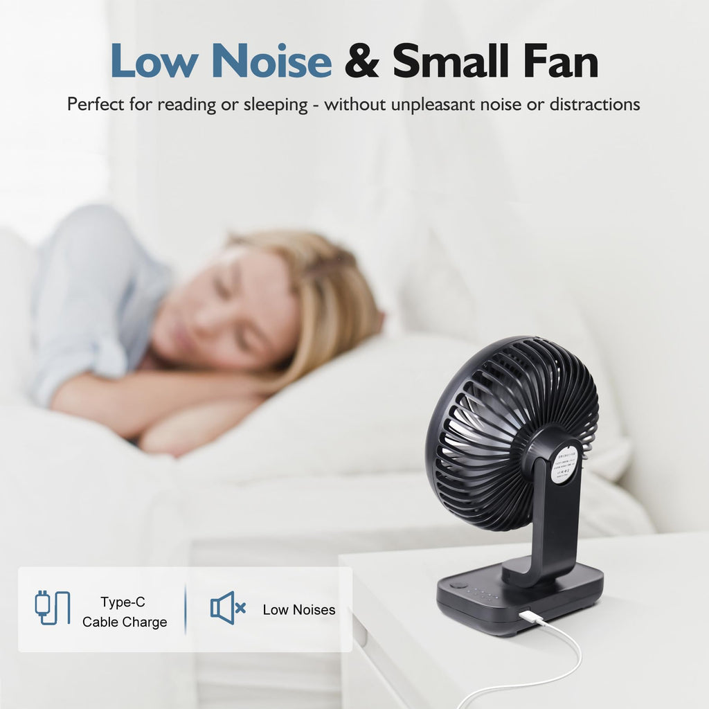 CONBOLA Small Desk Fan for Bedroom, 3600mAh Battery Powered Rechargeable Fan, USB Fan for Desk, 4 Speeds Air Circulator Quiet Table Fan for Home Office, Blue