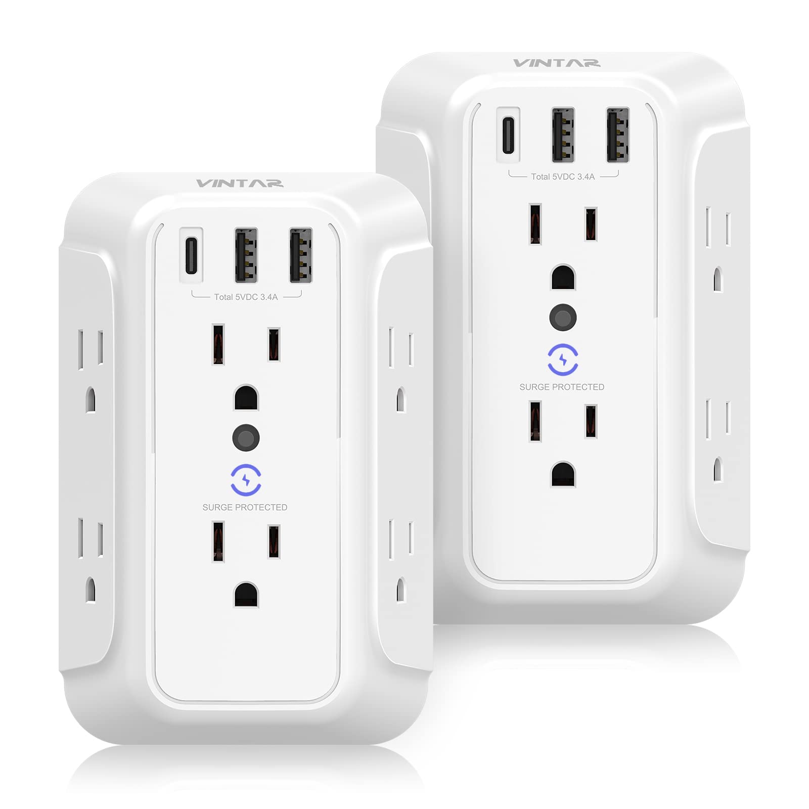 VINTAR 2 Pack Outlet Extender, 6 Outlets Wall Plug with 3 USB(1 USB C,3.4A)