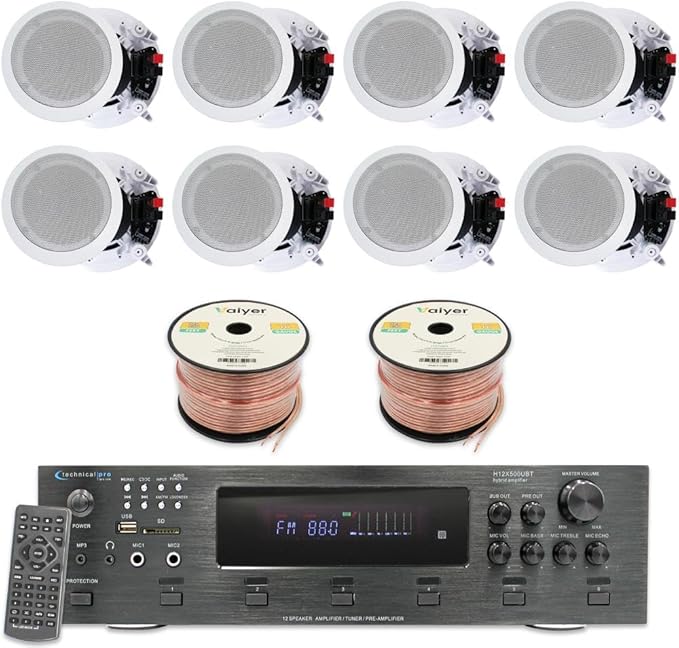 Home Theater System Kit - 6 Channel 6000 Watts Bluetooth Amplifier, 8 Qty of 8” Framed Ceiling Speakers 300 W Each, 16 AWG 500 ft Speaker Wire & Remote Ideal for Home, Office by Technical Pro