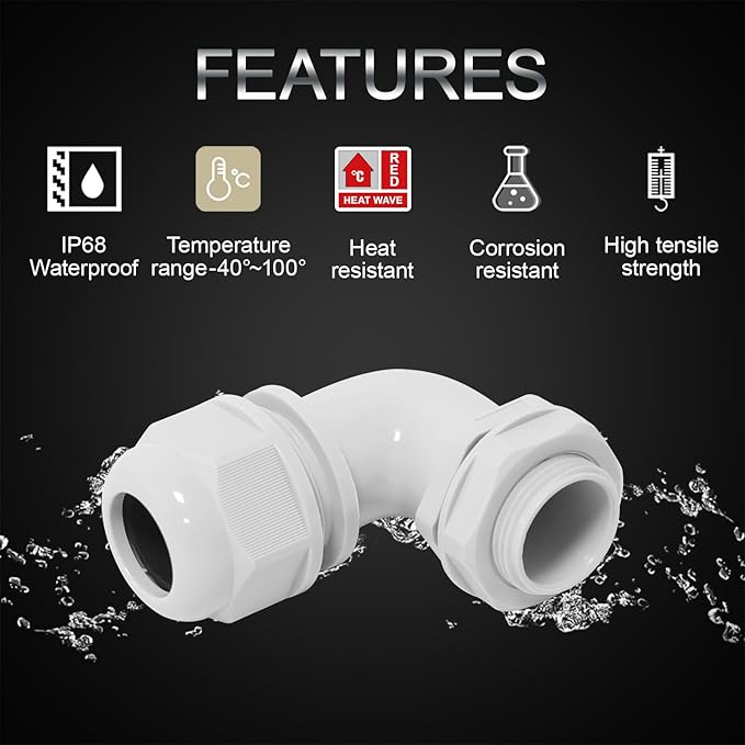 LeMotech M16 Cable Gland, 90 Degree Adjustable 6-10mm Strain Relief, Cord Connectors Nylon Joints with Gaskets, 2 Pcs, Grey