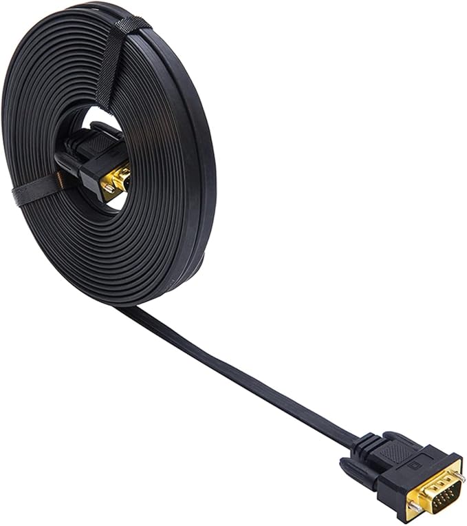 DTech 25ft Ultra Thin Flat Type Computer Monitor VGA Cable Standard 15 Pin Male to Male Connector SVGA Wire 25 Feet - Black