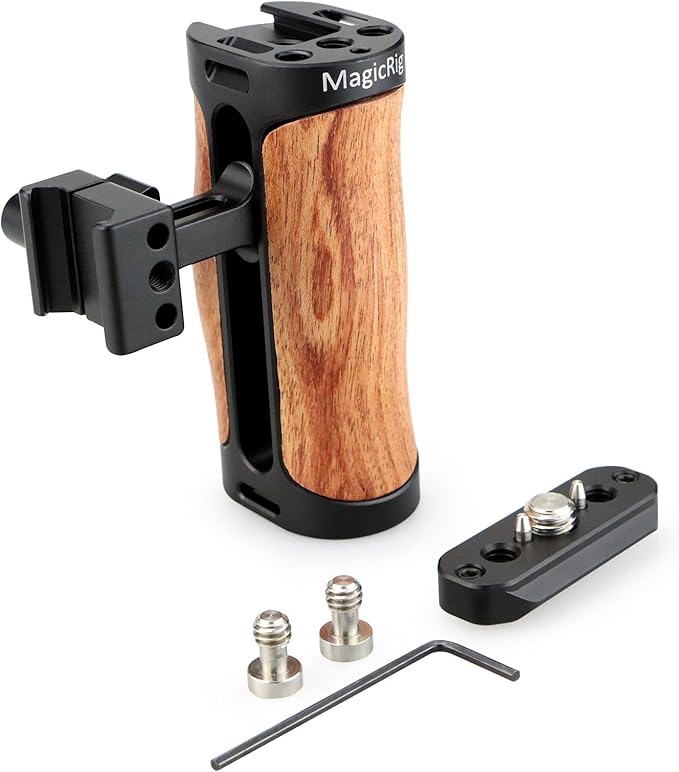 Wooden NATO Side Handle Mini Grip & NATO Rail 50mm for DSLR/Volg Camera Cage, Built-in Cold Shoe Mount, 1/4" & 3/8" ARRI Thread Hole, Up and Down Adjustable, for Left or Right Handle