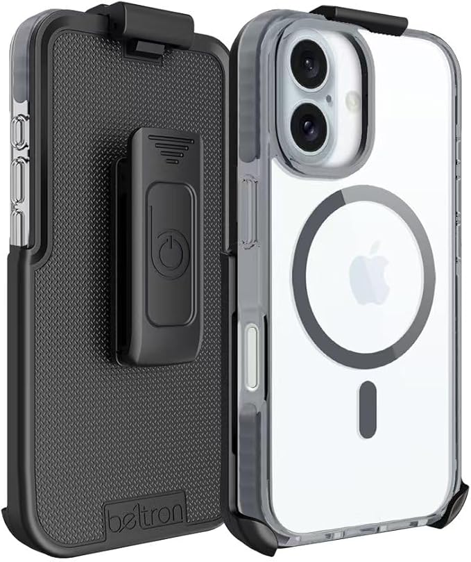 BELTRON Belt Case for iPhone 16, Slim Protective Transparent Case & Rotating Belt Clip Holster Combo (Compatible with MagSafe)