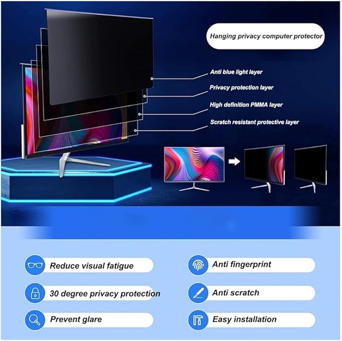 24 inch Hanging Monitor Computer Privacy Screen Filter, Anti Glare Blue Light Screen Protector Panel, Computer Screen Privacy Shield for Widescreen Monitor, 24 inch 16:10 Aspect Ratio