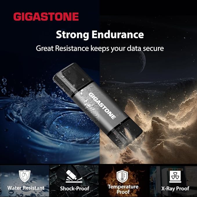 GIGASTONE 128GB Dual Flash Drive (2 Pack) Z40 USB 3.2 Gen 1, 2-in-1 Type-A & Type-C, 100MB/s Ultra Fast, Head Cap Design, Plug & Play for Smartphone/PC/Mac/TV/Car Audio, USB 2.0/3.0/3.1 Compatible