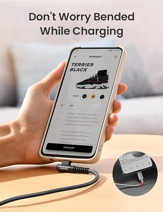 AINOPE USB C Cord 3.1A Fast Charge, [2-Pack, 6.6ft] Type C Charging Cable Right Angle, Resistant Nylon Braided USB-A to USB-C Charge Compatible Galaxy S10 S9 S8 Plus S21, V30,V20,G6, Type C Charger