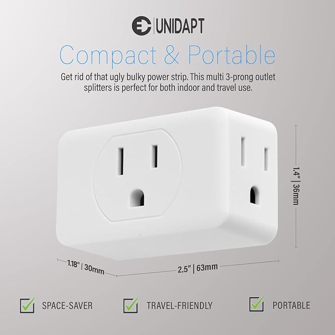 Unidapt Multi Plug Outlet Extender 2 Pack - 3 Way Wall Outlet Splitter, Cruise Ship Essentials Power Plug Adapter, Compact Travel Wall Tap Expander, Flat Angled Design, Home, Office, Dorm - White