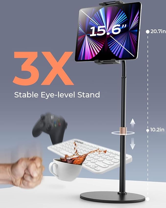 LISEN for iPad Stand for Desk Portable Monitor Adjustable Tablet Stand, Thick Case Friendly iPad Pro Holder Fits(4.7"-15.6") 12.9/10.9/10.2 Air Mini 4 3 2 Fire Tab Nexus Kindle, Black