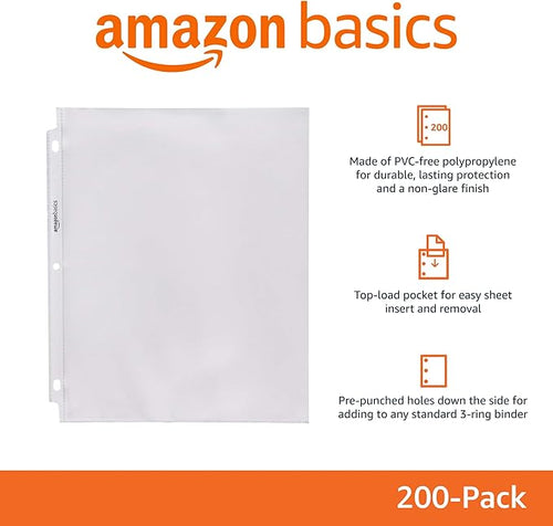 Amazon Basics Polypropylene Sheet Protectors for 3 Ring Binder, Non-Glare, Top Loading, Document Protection, Clear, 200-Pack