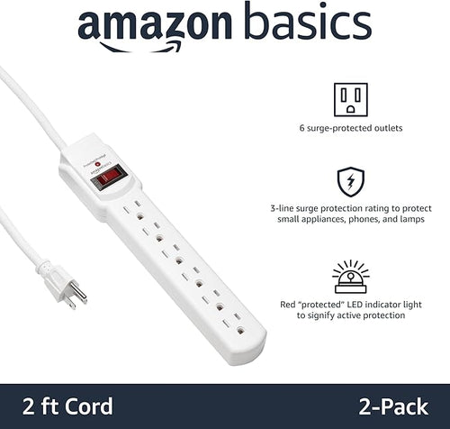 Amazon Basics Surge Protector Power Strip, 6-Outlet with 200J Protection, Circuit Breaker, LED Indicator, On/Off Switch, Wall-Mounting, 2ft Extension Cord, White, 2-Pack