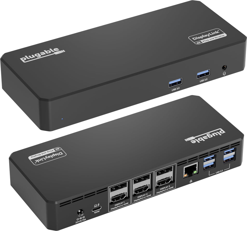 Plugable 12-in-1 USB C Triple 4K Docking Station, Three Displays with 3X HDMI or DisplayPort, Compatible with Mac M1 - M5 & Neo, Windows, Thunderbolt, USB4, USB-C (100W PD, 6X USB Ports, Ethernet)