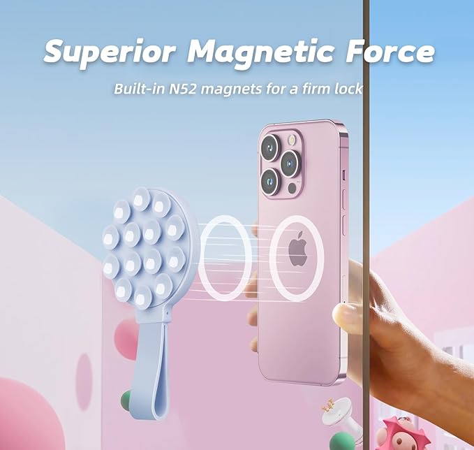 Magnetic Suction Phone Case Mount, Silicone Suction Cup Grip Stand for MagSafe Case, Hands-Free Phone Holder for iPhone 16/15/14 Pro Max, TikTok Videos, Selfies, Women Gift (Light Pink)911001A (Blue)