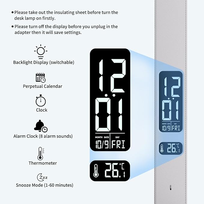 LED Desk Lamp with Charger, USB Charging Port, Dual Swing Arm Desk Light with 5 Brightness, 3 Colors, Table Lamp with Clock, Alarm, Date, Temperature, Desk Lamp for Home Office Study (White)