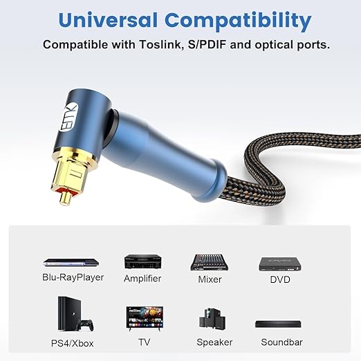 EMK 90 Degree Toslink Optical Cable 24K-Gold Connector 360 Degree Free-Rotating Plug Fiber Optic Cable S/PDIF Toslink Male to Male for Home Theater, Sound Bar, TV, PS4, Xbox (Blue,3.3ft/1m)