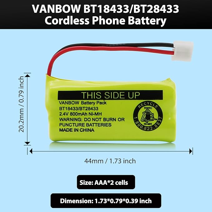 BT18433/BT28433 2.4V 800mAh Ni-MH Cordless Phone Battery, Also Compatible with AT&T BT184342/BT284342 BT8300 BT1011 BT1018 BT1022 BT1031 2SN-AAA55H-S-J1 CS6120 CS6209 CL80109 EL52419 (Pack 4)