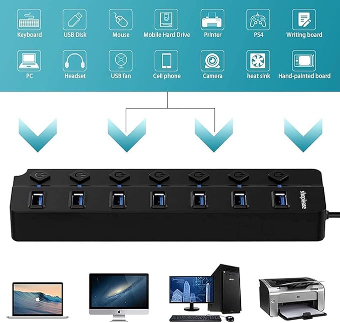 7-Port USB 3.0 Hub with Individual Power Switches and Lights, High-Speed Data Hub Splitter Portable USB Extension Hub with 120 cm Cable for PC Laptop and Others