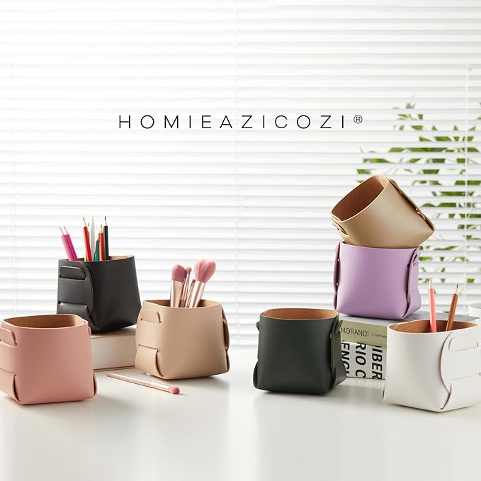 HOMIEAZICOZI 2-Pack Cork Leather Desk Accessories Storage - Pencil Pen Holder - Makeup Brush Holder Organizer - Stylish Addition to Home Decor (Coffee)