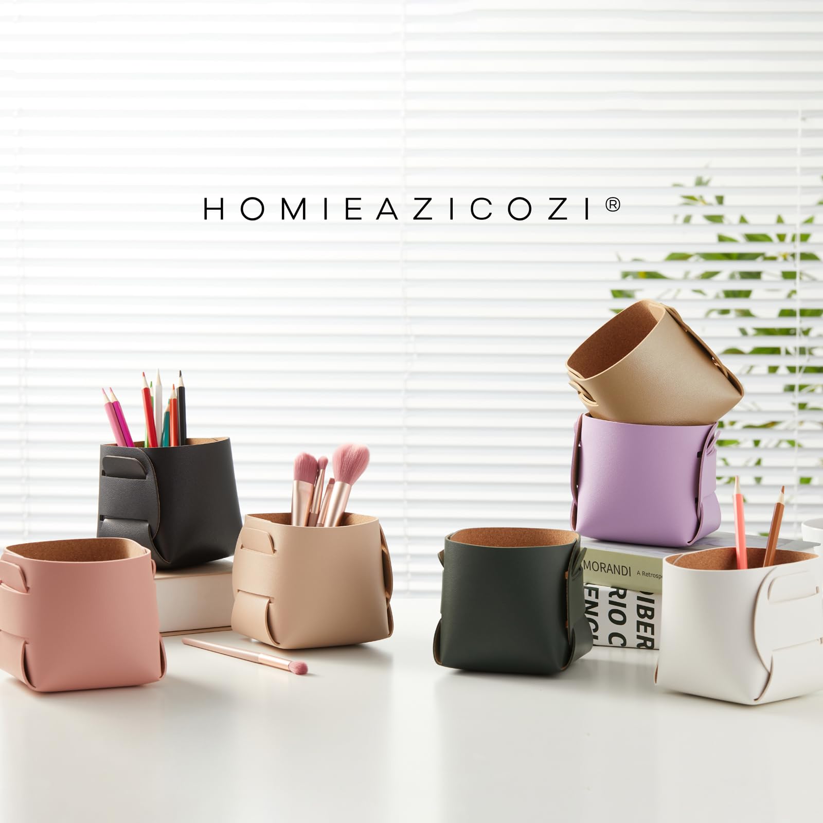 HOMIEAZICOZI 2-Pack Cork Leather Desk Accessories Storage - Pencil Pen Holder - Makeup Brush Holder Organizer - Stylish Addition to Home Decor (Coffee)