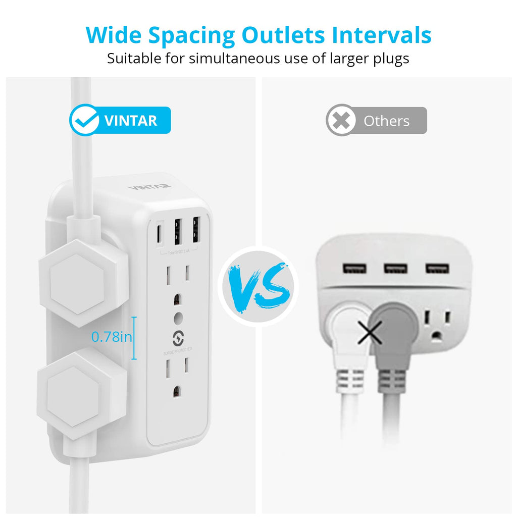 VINTAR 2 Pack Outlet Extender, 6 Outlets Wall Plug with 3 USB(1 USB C,3.4A)