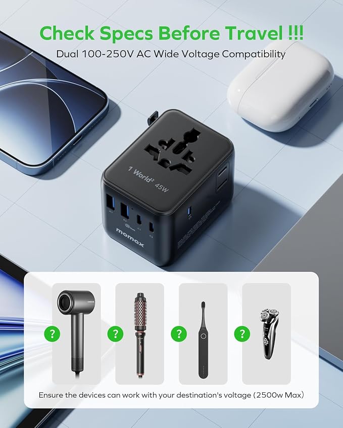 MOMAX Universal Travel Adapter, GaN PD 45W Fast International Power Adapter