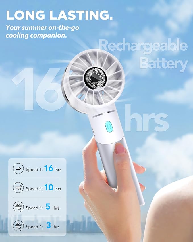 Handheld Fan, Mini Small Portable Turbo Fan, Rechargeable with 4 High Speeds Personal Fans, Max 16H Runtime, For Travel, Office, Outdoor - Silver
