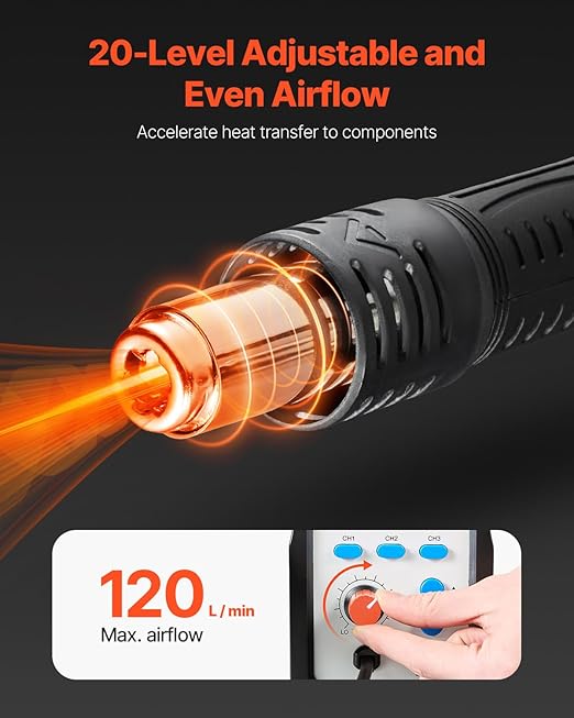VEVOR Hot Air Rework Station, 700W Digital Display SMD Rework Station, 212℉-932℉ Hot Air Gun with Adjustable Airflow, 3 Pre-Set Channels & ℃/℉ Conversion for Chip Dismantling, Electronics Repair