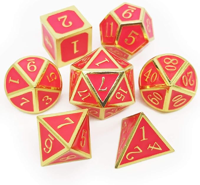 Haxtec Glow in The Dark Metal DND Dice Set Gold Pink D&D Dice Compatible with Dungeons and Dragons-Gold Glowing Red/Cream Pink