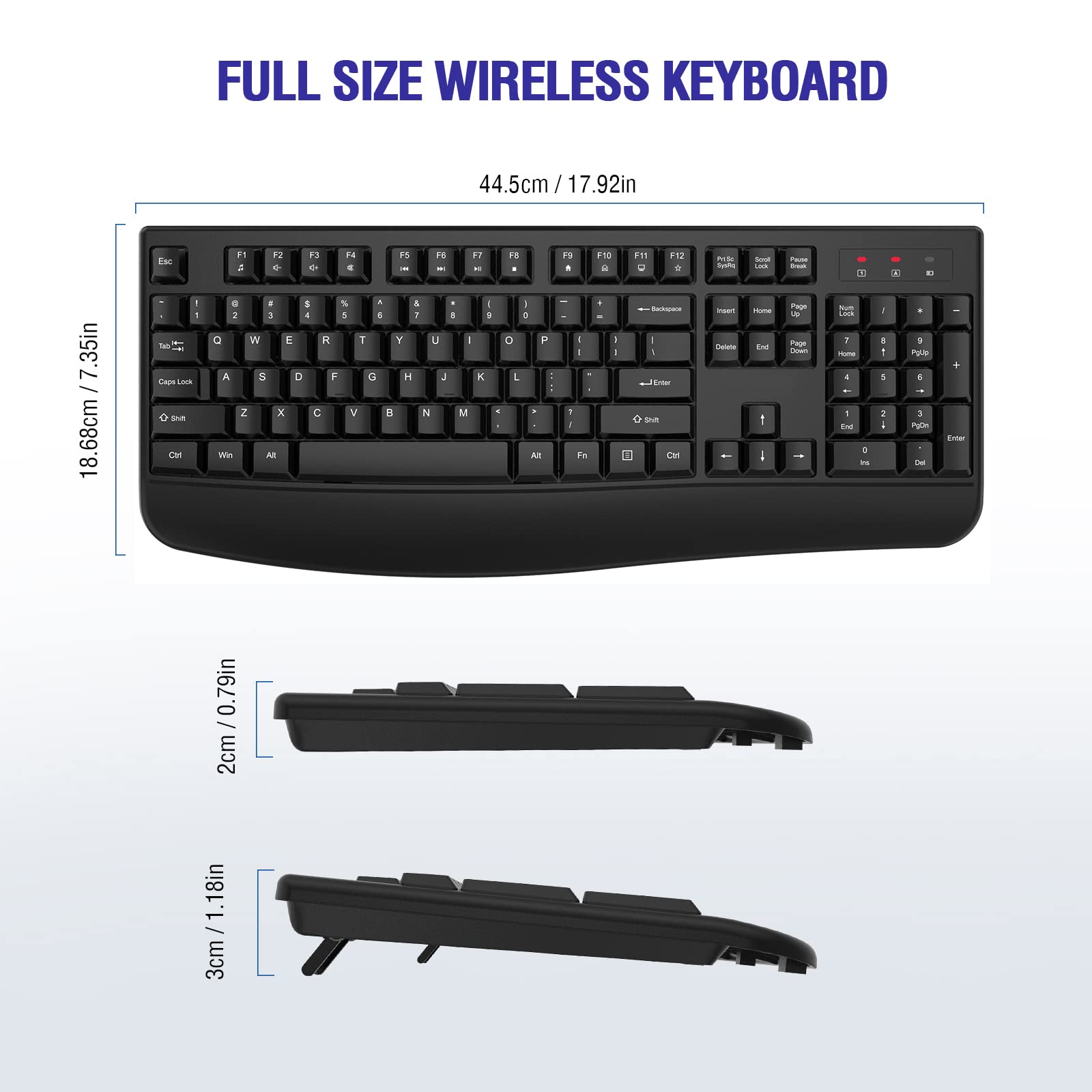 QUASIO Wireless Keyboard, 2.4G Full-Sized Ergonomic Wireless Computer Keyboard with Wrist Rest for Windows, Mac OS Laptop/PC/Desktop/Notebook(Black)
