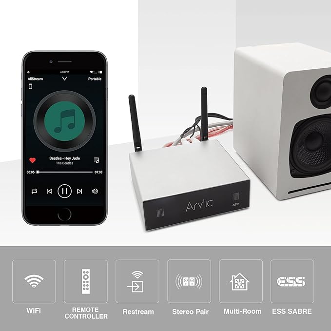 AirPlay 50W x 2 Stereo Amplifier for Home Audio Speakers - Multiroom Wireless Music Streaming with WiFi & Bluetooth - Spotify & Tidal Support | Arylic Up2stream A50+
