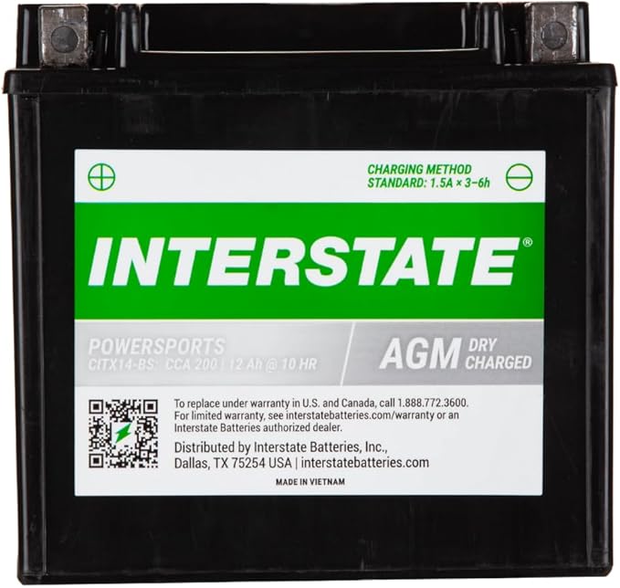 Interstate Batteries YTX14-BS 12V 12Ah Powersports Battery 200CCA AGM Rechargeable Replacement for Motorcycles, ATVs, UTVs, Scooters, Snowmobiles (CITX14-BS)