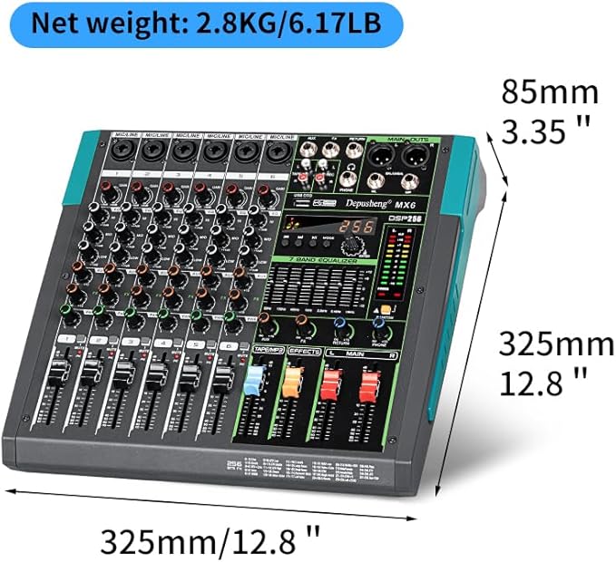 Depusheng MX6 6 Channel Sound Mixer Audio Mixing Console 48V 256DSP Professional USB PC Play Record Podcast Live Broadcast (US MX6)