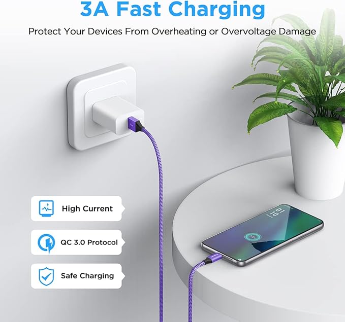 etguuds 4ft USB A to USB C Cable 3A Fast Charging, 2-Pack USB A to USB Type C Charger Cord for iPhone 16 15 Pro/Pro Max/Plus, for Samsung Galaxy S24 S23 S22 S21 S20 S10 A55 A54 Flip Note, Moto, Purple