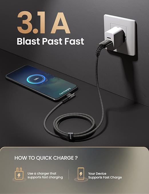 AINOPE 2-Pack Type C Charging Cable 3.1A Fast Charge, Right Angle [6.6ft+6.6ft] USB C Cable, Durable Nylon Braided Type C Charging Cable Fast Charge Compatible Galaxy S10 S9 S21, LG V30,V20,G6