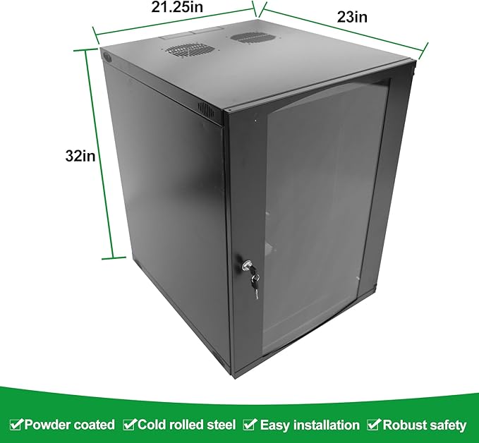 15U Server Cabinet Wall Mount Rack Enclosure with Caster Wheels 2 Server Fans Locking Glass Door Removable Side Panels 19" Network Cabinet 15-18.5" Installation Depth Heavy-Duty Frame (32INCH, 15U)