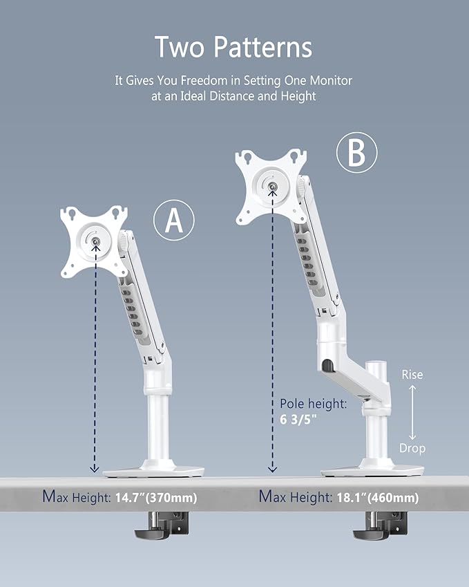 Ergounion Heavy Duty Single Monitor Arm, Mechanical Spring Desk Mount for 13-40 Inch Ultrawide Screens, Holds up to 25lbs, High-Grade Aluminum VESA Mount with C-Clamp & Grommet Base, No-Droop, White