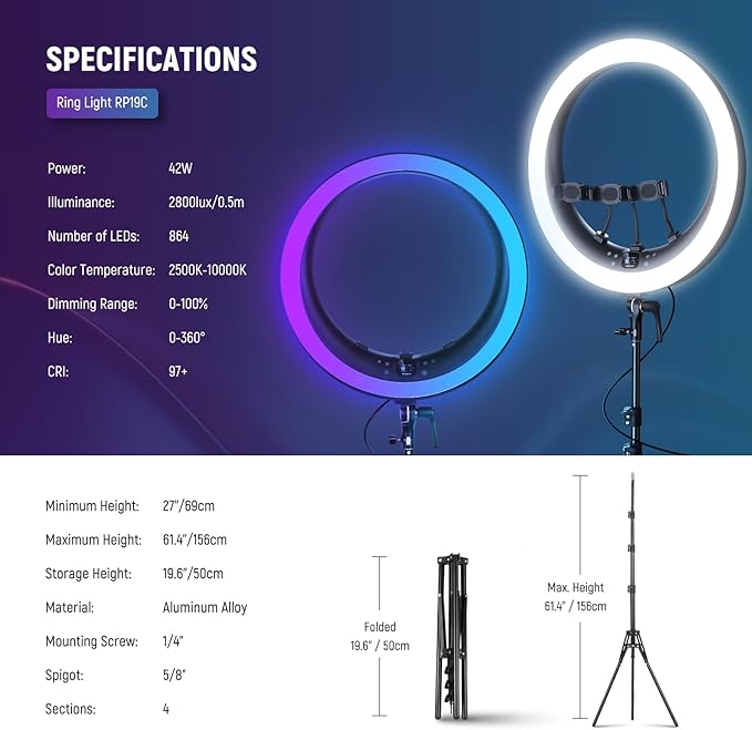 NEEWER 19" RGB LED Ring Light with Stand, 3 Phone Holders, Touch Panel, 2.4G/App Control, 42W CRI97+ 2800lux/0.5m 360° Hue Dimmable Professional Lighting for Makeup Live Streaming Zoom Calls, RP19C