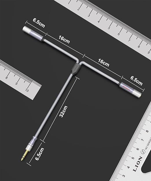 Microphone Splitter 2 Feet/60CM TRS 1/4 inch Splitter 1 Male to 2 Female, 6.35mm Stereo Male Plug to Dual 6.35mm Female-Grey(2PACK)