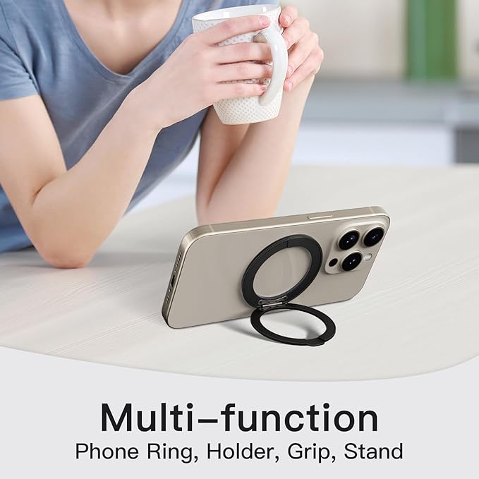 COOLQO Upgraded Magnetic Phone Ring Holder Stand, Super Magnet Cell Phone Grip Finger Kickstand Compatible with MagSafe Mag Safe Accessory for iPhone All Smartphones (1-Black)