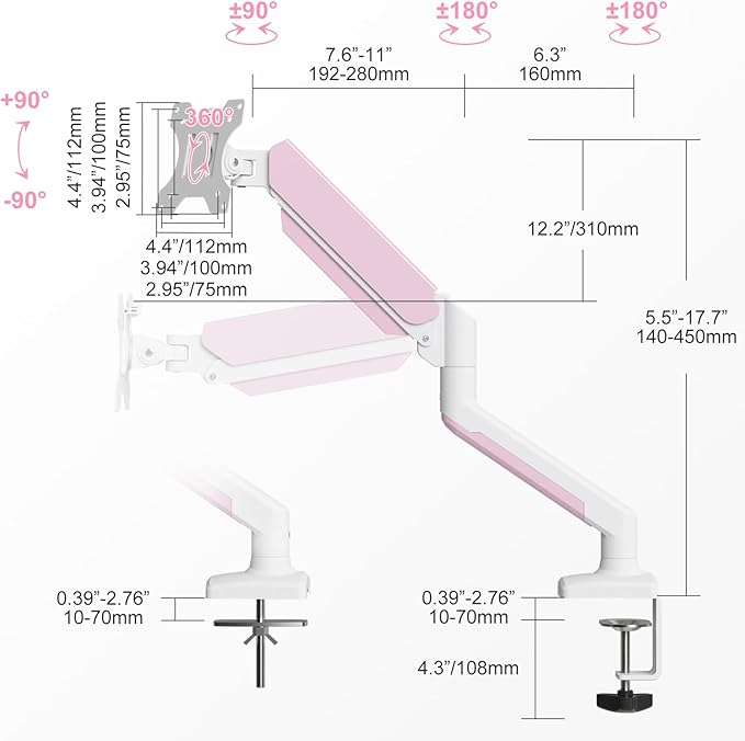 PHOLITEN Single Monitor Arm Fits 13-32 inch,4.4-19.8lbs Screen, Fully Adjustable Gas Spring Arm, Computer Monitor Stand with VESA 75 * 75mm/100 * 100mm Mount,White & Pink