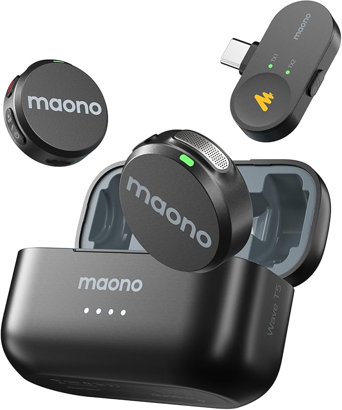 MAONO Wireless Lavalier Microphone for iPhone 16/15/Android/Tablet, USB C Plug Mini Mic with 48KHz 24Bit, 300m Range, Voice Filter, Noise Cancellation, 30H Use for Video Recording, Streaming - Wave T5