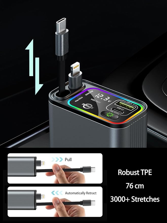 Retractable Car Charger USB C,145W Type C Car Charger Fast Charging with Dual Retractable USB C Cable and USB Ports, Compatible with iPhone 16/15,S25/24/23/22, Pixel 9/8/7